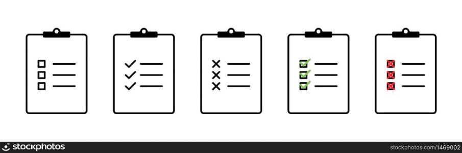 Clipboard with checklist collection. Check mark with cross on check list. Clipboard in web design. Clipboard vector icons. Checklist with check marks and crosses. Eps10