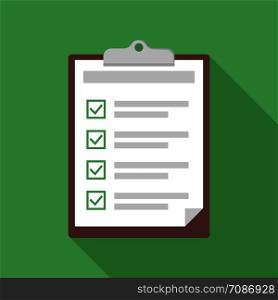 Clipboard with checklist. Exam or test form with checkboxes. Green background with shadow. EPS 10. Clipboard with checklist. Exam or test form with checkboxes. Green background with shadow.