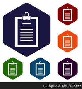 Clipboard with checklist icons set hexagon isolated vector illustration. Clipboard with checklist icons set hexagon