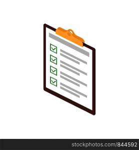 Clipboard with checklist in trandy isometric style on white background. EPS 10. Clipboard with checklist in trandy isometric style on white background.