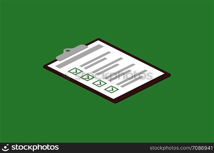 Clipboard with checklist in trendy isometric design. Exam or test form with checkboxes. Green background. EPS 10. Clipboard with checklist in trendy isometric design. Exam or test form with checkboxes. Green background.