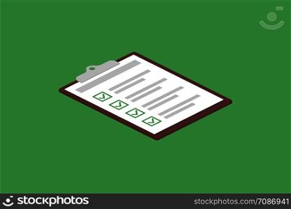 Clipboard with checklist in trendy isometric design. Exam or test form with checkboxes. Green background. EPS 10. Clipboard with checklist in trendy isometric design. Exam or test form with checkboxes. Green background.