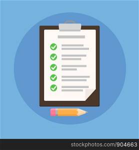 Clipboard with checklist on blue. Flat illustration of clipboard with checklist for web stock vector