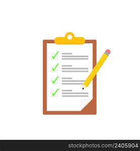 Clipboard with checklists, questionnaires, feedback, assessments and pencil icons in a simple design.