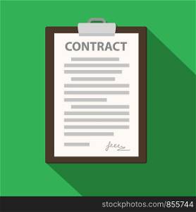 Clipboard with contract document on green. Flat illustration of clipboard with checklist for web stock vector