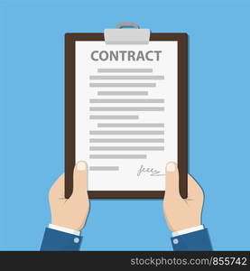 Clipboard with contract in hands businessman on blue. Stock vector illustration