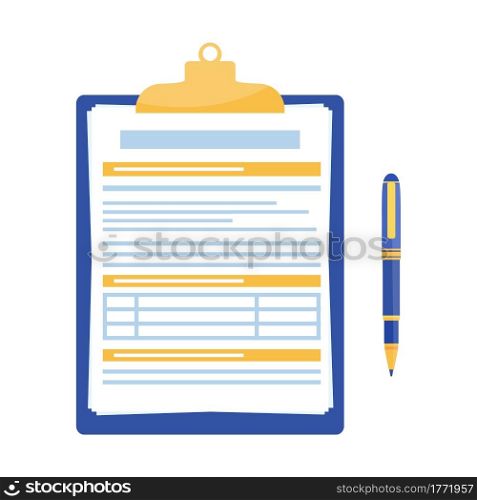 Clipboard with document and pen isolated on white background. Filling insurance claim form, paperwork, income tax form, write a report, business concepts. Vector illustration in flat style. Clipboard with document and pen.