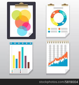 Clipboard with financial infographic icons. Clipboard, charts and graphs on paper page