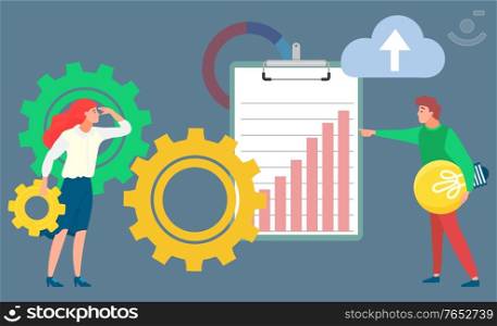 Clipboard with growing chart vector, woman holding cogwheel and man with electric bulb idea. Cloud with arrow, business data and stats development. Man and Woman Analyzing Information on Clipboard