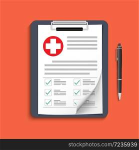 Clipboard with medical cross and pen. Clinical record, prescription, claim, medical check marks report, health insurance concepts. Premium quality. Modern flat design graphic elements. Vector illustration.