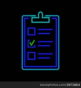 Clipboard with one checked box neon sign. Bright glowing symbol on a black background. Neon style icon.