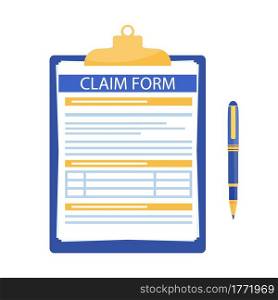clipboard with pen and claim form. Modern icon design Concept of fill out or online survey insurance application form. Vector illustration in flat style. clipboard with pen