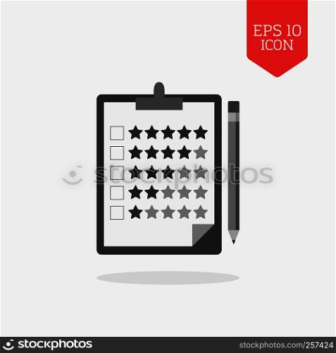Clipboard with rating stars and pencil icon. Review concept. Flat design gray color symbol. Modern UI web navigation, sign. Illustration element