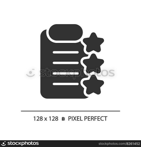 Clipboard with stars pixel perfect black glyph icon. Report about product checkup. Service rating documentation. Silhouette symbol on white space. Solid pictogram. Vector isolated illustration. Clipboard with stars pixel perfect black glyph icon