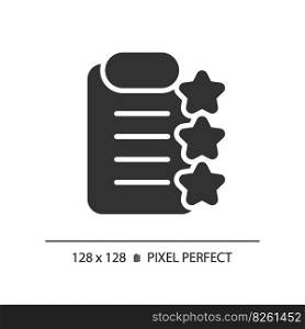 Clipboard with stars pixel perfect black glyph icon. Report about product checkup. Service rating documentation. Silhouette symbol on white space. Solid pictogram. Vector isolated illustration. Clipboard with stars pixel perfect black glyph icon