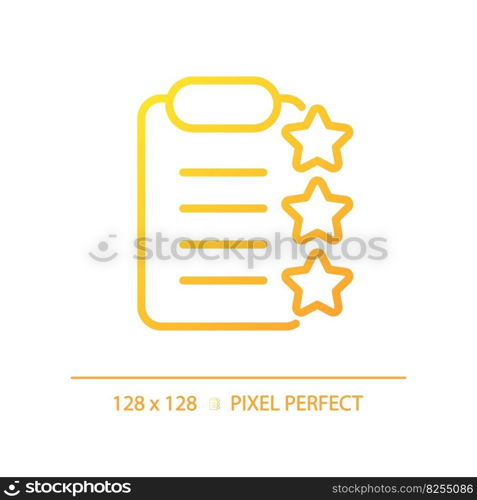 Clipboard with stars pixel perfect gradient linear vector icon. Report about product checkup. Rating documentation. Thin line color symbol. Modern style pictogram. Vector isolated outline drawing. Clipboard with stars pixel perfect gradient linear vector icon