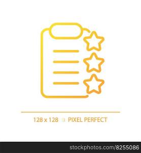 Clipboard with stars pixel perfect gradient linear vector icon. Report about product checkup. Rating documentation. Thin line color symbol. Modern style pictogram. Vector isolated outline drawing. Clipboard with stars pixel perfect gradient linear vector icon