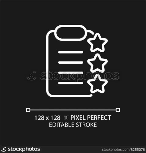 Clipboard with stars pixel perfect white linear icon for dark theme. Report about product checkup. Service rating documentation. Thin line illustration. Isolated symbol for night mode. Editable stroke. Clipboard with stars pixel perfect white linear icon for dark theme