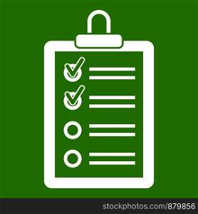 Clipboard with to do list icon white isolated on green background. Vector illustration. Clipboard with to do list icon green