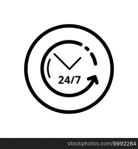 Clock. 24 7 Assistance service. Commerce outline icon in a circle. Isolated vector illustration