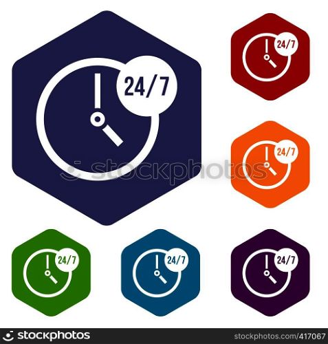 Clock 24 7 icons set rhombus in different colors isolated on white background. Clock 24 7 icons set
