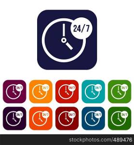 Clock 24 7 icons set vector illustration in flat style in colors red, blue, green, and other. Clock 24 7 icons set