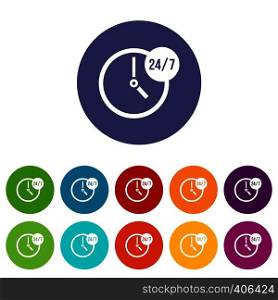 Clock 24 7 set icons in different colors isolated on white background. Clock 24 7 set icons