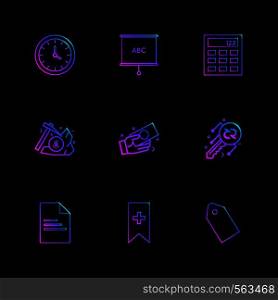 clock, abc chart , calculator , tag , key , axe , money, , paper , tag ,ribbon , icon, vector, design, flat, collection, style, creative, icons