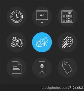 clock, abc chart , calculator , tag , key , axe , money, , paper , tag ,ribbon , icon, vector, design, flat, collection, style, creative, icons