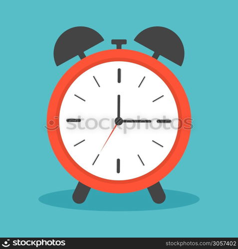 Clock alarm with ring. Icon of time and wake. Watch with shadow for bedroom. Morning deadline with alert. Red clock with face, timer and for bell for school or business in flat style. Vector.. Clock alarm with ring. Icon of time and wake. Watch with shadow for bedroom. Morning deadline with alert. Red clock with face, timer and for bell for school or business in flat style. Vector
