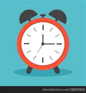 Clock alarm with ring. Icon of time and wake. Watch with shadow for bedroom. Morning deadline with alert. Red clock with face, timer and for bell for school or business in flat style. Vector.. Clock alarm with ring. Icon of time and wake. Watch with shadow for bedroom. Morning deadline with alert. Red clock with face, timer and for bell for school or business in flat style. Vector