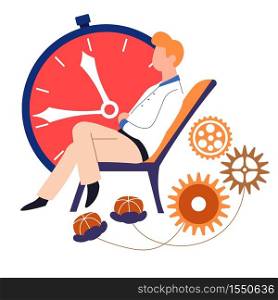 Clock and cogwheels time abstract concept human aging and waiting time management and deadline vector isolated male character on recliner and timer mechanism details man sitting big dial pastime. Time concept aging time management and deadline clock and cogwheels