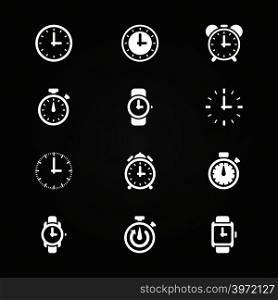 Clock and time icons set on blackboard. White clock collection, vector illustration. Clock and time icons set on blackboard
