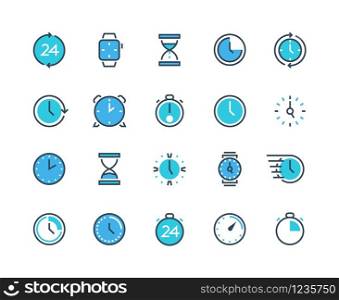 Clock and time icons. Watch, calendar, alarm and chronograph infographic icons for time management and work organization. Vector line watches set with sand, stopwatch. Clock and time icons. Watch, calendar, alarm and chronograph infographic icons for time management and work organization. Vector line set
