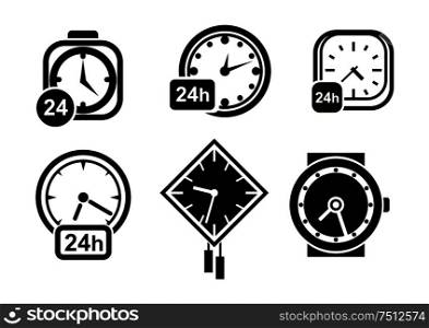 Clock and time icons with wall clocks, wristwatch and alarm clock with 24 hours signs, for time theme. Wall clocks, watch and alarm icons