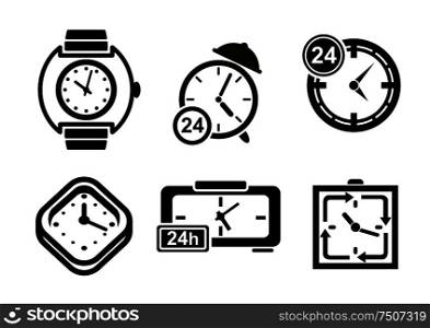 Clock and timer icons set, with alarm ad dial. Flat style. Clock and timer icons set