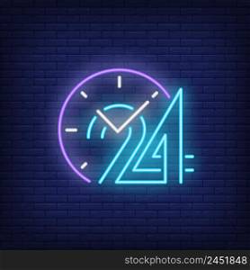 Clock and twenty four hours neon sign. Round clock service advertisement design. Night bright neon sign, colorful billboard, light banner. Vector illustration in neon style.