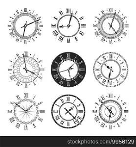 Clock and watch face with vintage round dial vector icons. Isolated black and white timepieces, antique wall or pocket watches with roman numerals and ornate clock hands, time design. Clock and watch face with vintage round dial icons