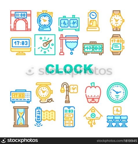 Clock And Watch Time Equipment Icons Set Vector. Floor Antique Clock And Digital Hand Gadget, Chess Game Tool And Gps Device, Sandy And Sundial, Mechanical And Electronic Line. Color Illustrations. Clock And Watch Time Equipment Icons Set Vector