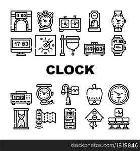 Clock And Watch Time Equipment Icons Set Vector. Floor Antique Clock And Digital Hand Gadget, Chess Game Tool And Gps Device, Sandy And Sundial, Mechanical And Electronic Contour Illustrations. Clock And Watch Time Equipment Icons Set Vector