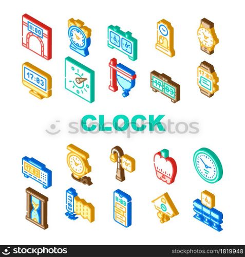 Clock And Watch Time Equipment Icons Set Vector. Floor Antique Clock And Digital Hand Gadget, Chess Game Tool And Gps Device, Sandy And Sundial, Mechanical Isometric Sign Color Illustrations. Clock And Watch Time Equipment Icons Set Vector