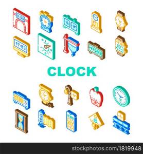 Clock And Watch Time Equipment Icons Set Vector. Floor Antique Clock And Digital Hand Gadget, Chess Game Tool And Gps Device, Sandy And Sundial, Mechanical Isometric Sign Color Illustrations. Clock And Watch Time Equipment Icons Set Vector