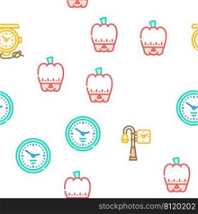 Clock And Watch Time Equipment Vector Seamless Pattern Color Line Illustration. Clock And Watch Time Equipment Icons Set Vector