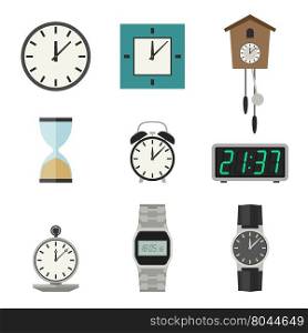Clock and watches vector icons set. Different types of clocks and watches.