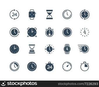 Clock black icons. Time and calendar infographic symbols with stopwatch alarm wristwatch and hourglass. Vector simple isolated sign time management set. Clock black icons. Time and calendar infographic symbols with stopwatch alarm wristwatch and hourglass. Vector time management set