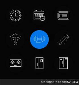 clock , calender , card , casette , gym dumbell , door , cupboard , bones ,icon, vector, design, flat, collection, style, creative, icons