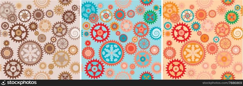 Clock cogwheels pattern set. Color bright decorative background vector illustration.