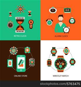 Clock design concept set with retro alarm wristlet watch online store flat icons isolated vector illustration. Clock Design Concept Set