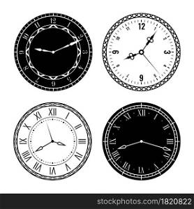 Clock faces. Elegant design parts watches with roman and arabic numerals, carved clock hands on white and black dial, modern and retro ornamental frames. Stylized interior decor, vector isolated set. Clock faces. Elegant design parts watches with roman and arabic numerals, carved clock hands on white and black dial, ornamental frames. Stylized interior decor, vector isolated set