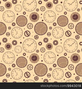 Clock faces seamless pattern. Vintage watches background, ticking time elements with roman and arabic numerals in sepia colors. Decor textile, wrapping paper wallpaper vector texture print or fabric. Clock faces seamless pattern. Vintage watches background, ticking time elements with numerals in sepia colors. Decor textile, wrapping paper wallpaper vector texture print or fabric